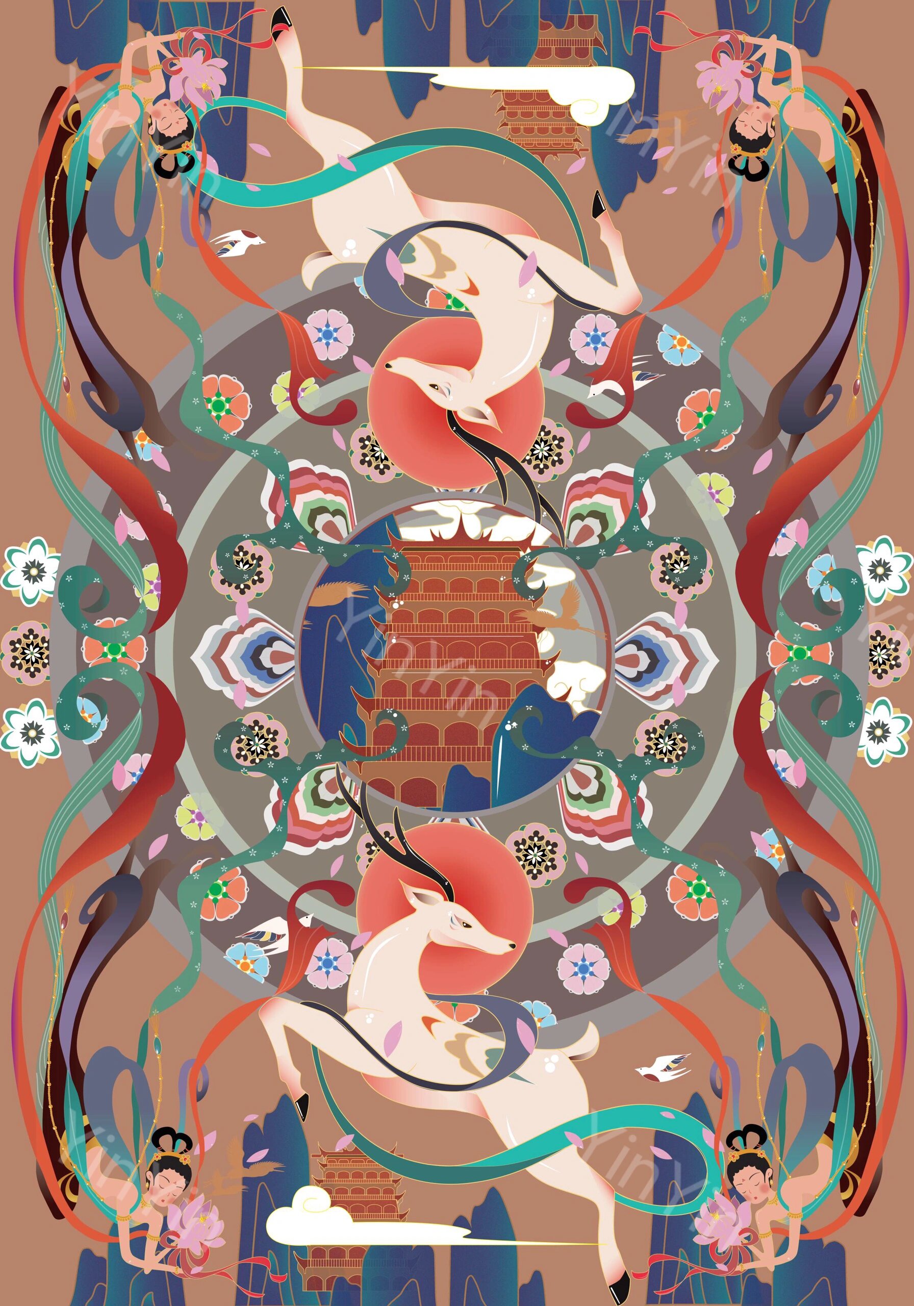 板绘敦煌纹样(梵境华彩) 04以敦煌为主题,选取飞天,九色鹿,莫高窟
