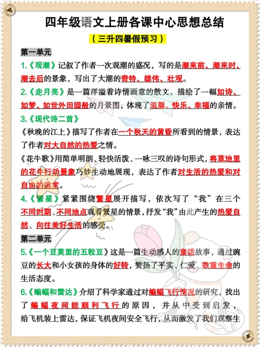 四年级语文中心思想归纳方法(四年级语文阅读理解100篇及答案)