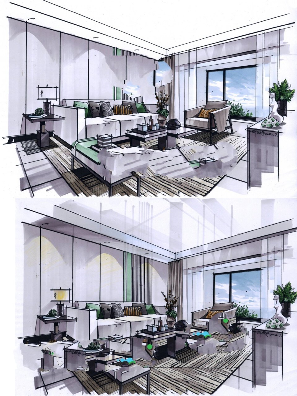 环艺考研客厅空间马克笔表达步骤图附线稿 快来一起学习打卡叭～ 作品