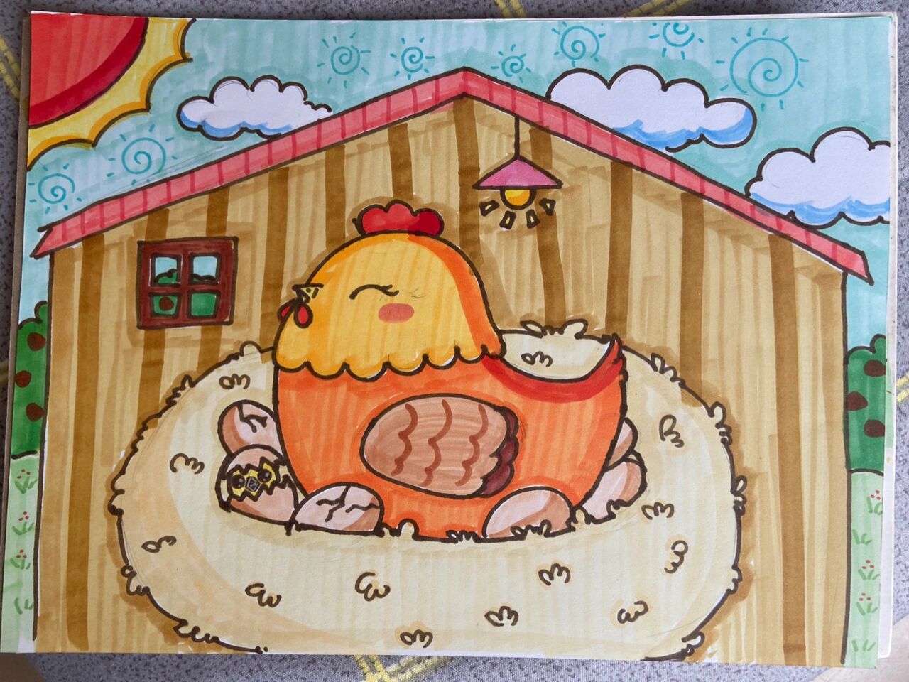 鸡妈妈孵蛋 原创儿童画 快看呀,鸡妈妈在孵蛋呢,已经有一个小鸡破壳了
