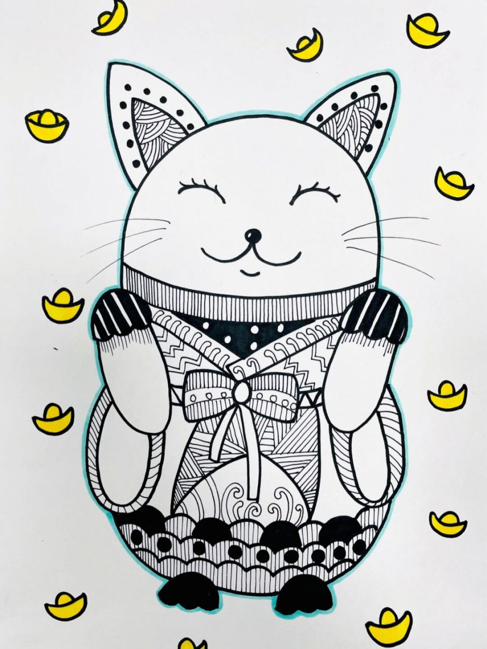 儿童线描画—猫 儿童线描93 材料:素描纸,勾线笔,马克笔 背景颜色