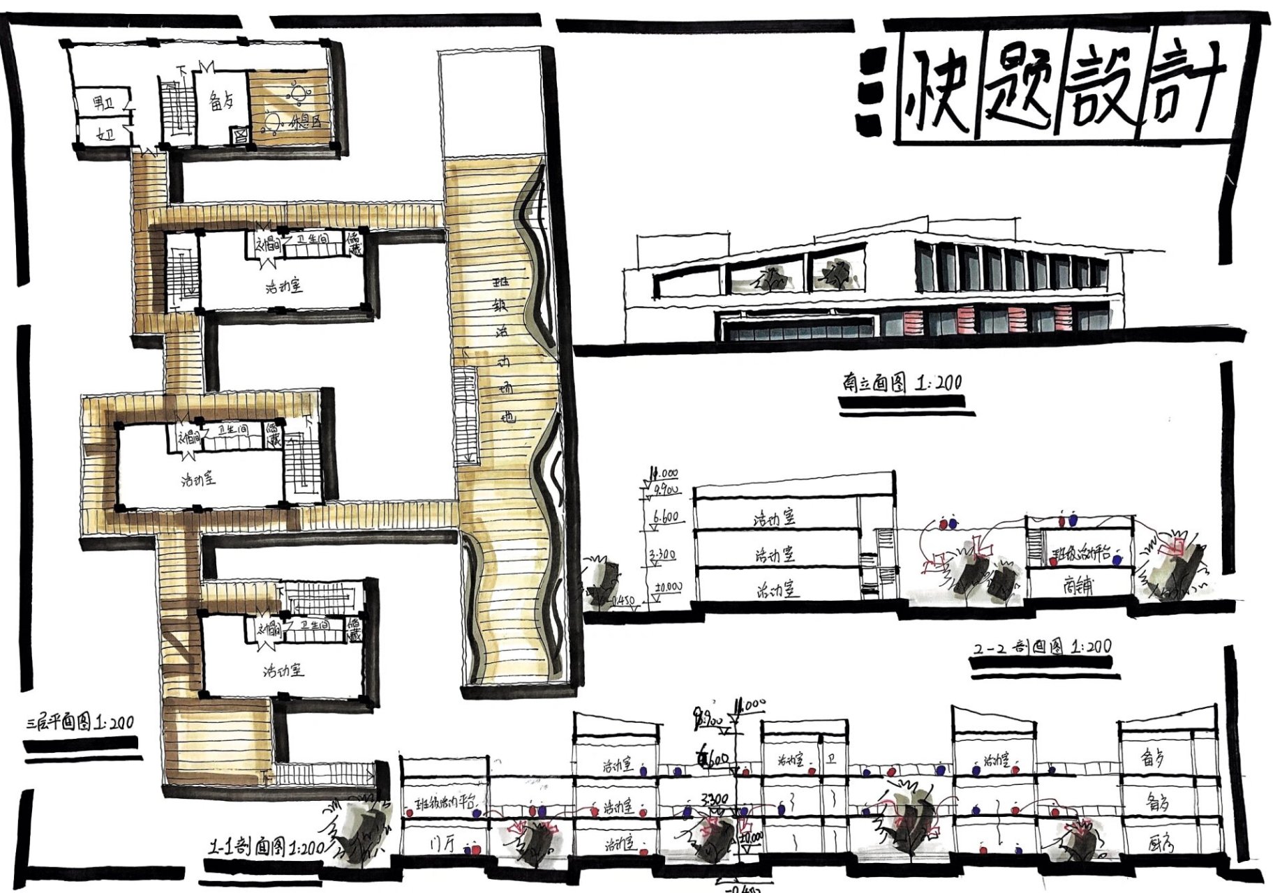 深大18年快题-九班幼儿园设计 活动单元的采光不好,流线串起来也不是