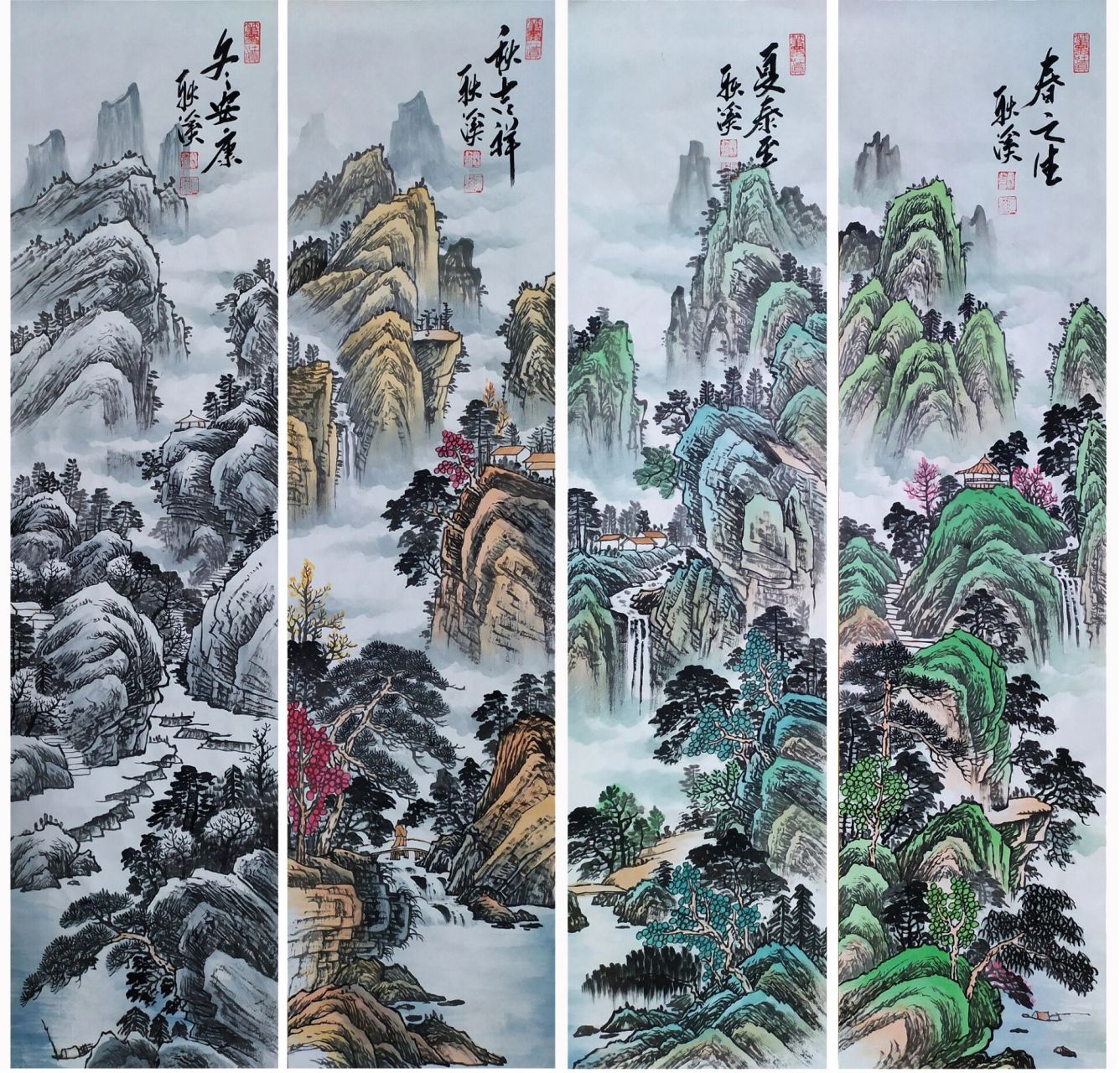 国画四条屏《春夏秋冬》欢迎选购 实力派知名书画家老师耿溪创作真品.