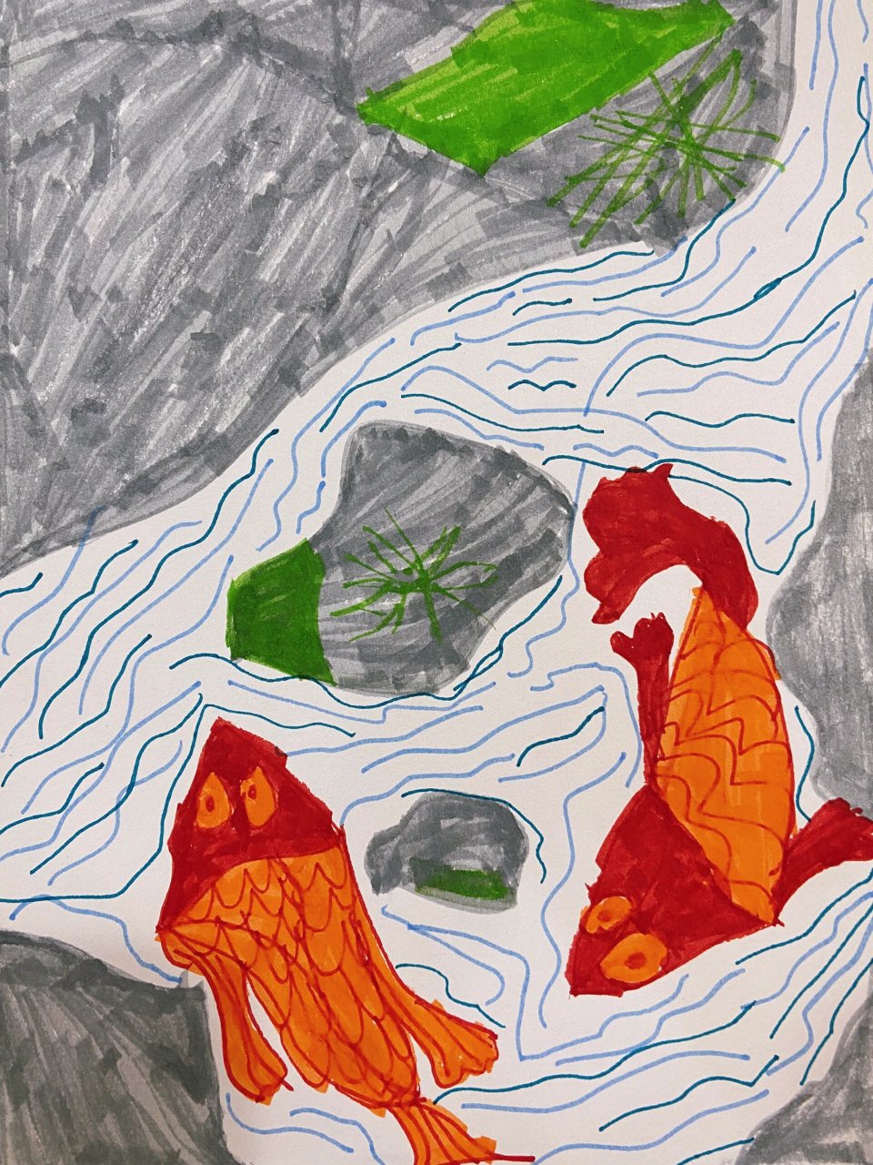 少儿手绘|潺潺的小溪水 这个内容可以通过理解线描画中线条的疏密,曲