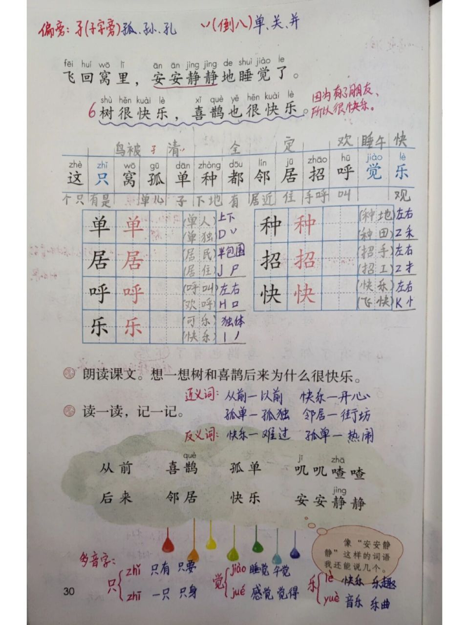 《树和喜鹊》课堂笔记来了 一年级下册第三单元第5课《树和喜鹊》的