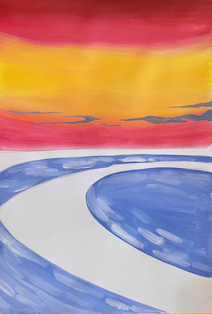 简易版水粉风景《落日晚霞》绘画步骤图