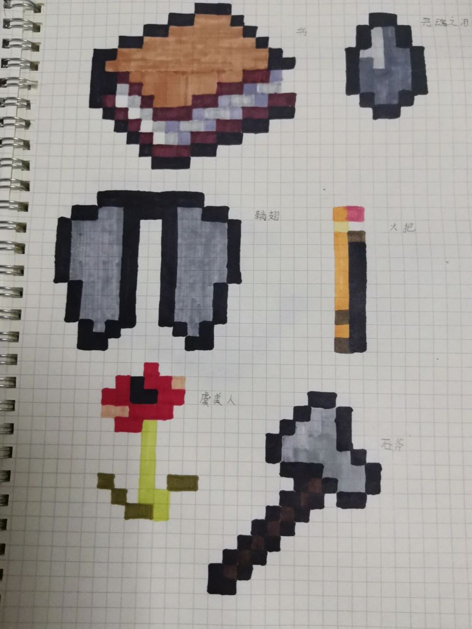 我的世界格子画 书,恶魂之泪,鞘翅,火把,虞美人,石斧