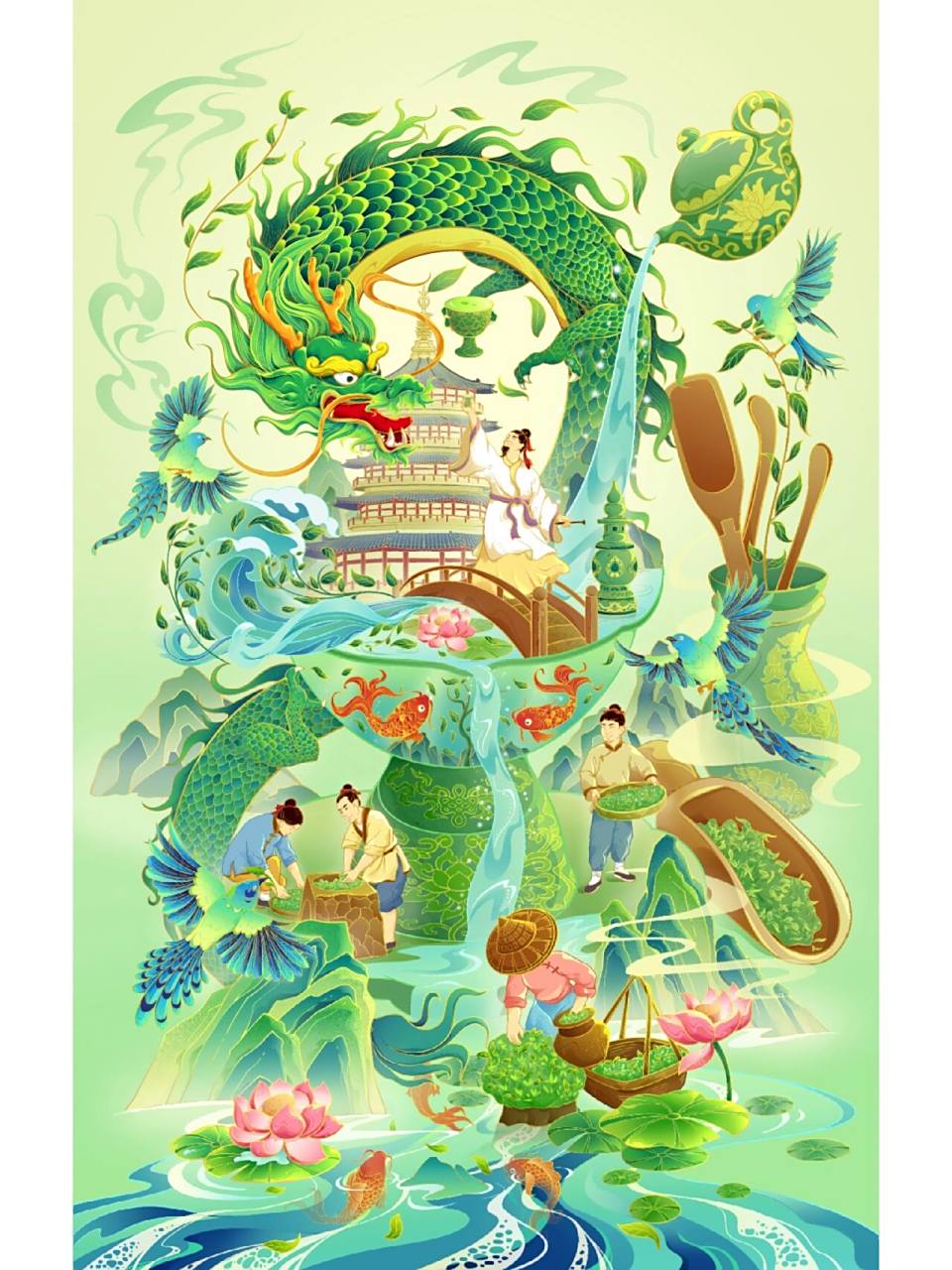 国潮插画|西湖龙井茶(原创插画) 断断续续终于画完了,第一次画这么大