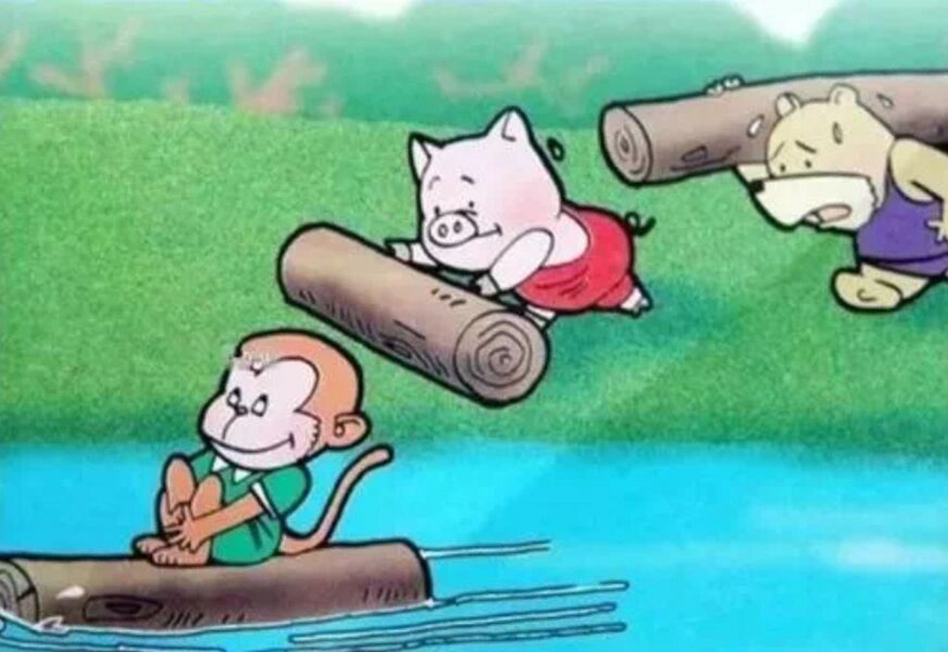 运木头,过河看图写话 周六,天气晴朗,万里无云,小猴,小猪和小熊一起去