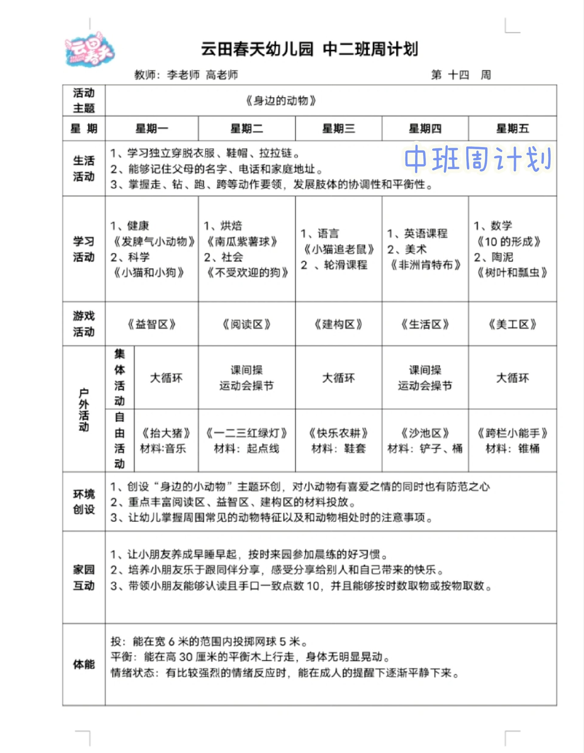 中班第二周计划图片