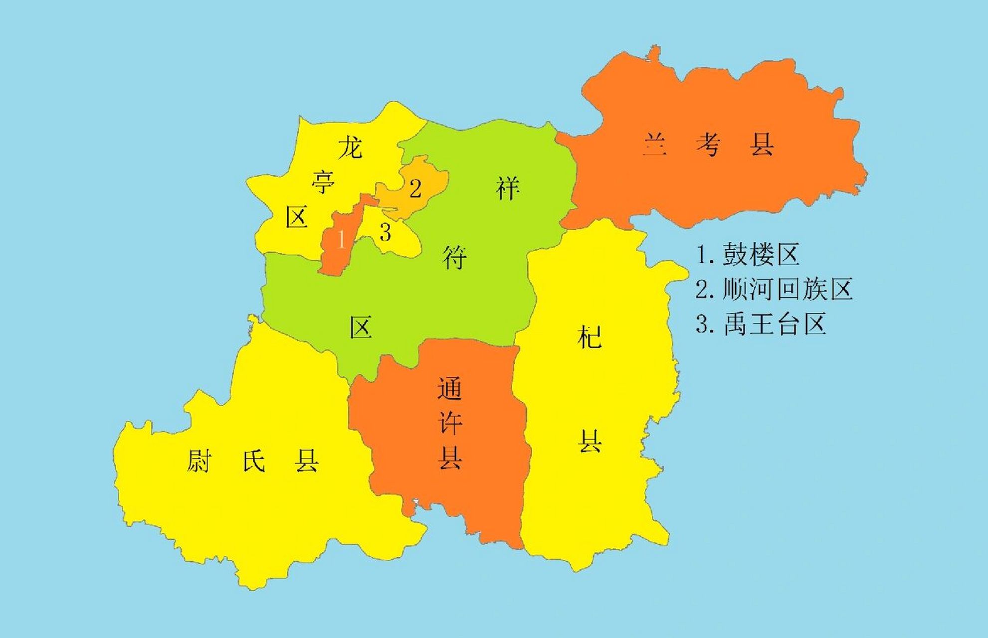 河南行政区划地图 开封,古称汴州,汴梁,汴京,下辖5个区,4个县:祥符区