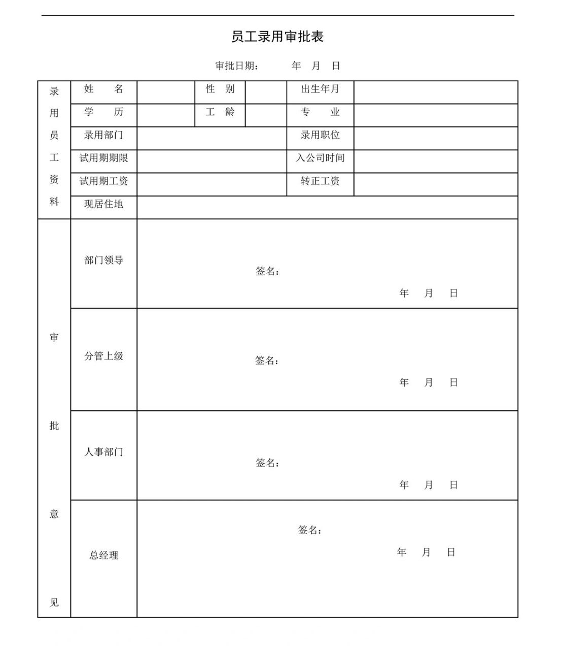 员工录用审批表 员工录用审批表