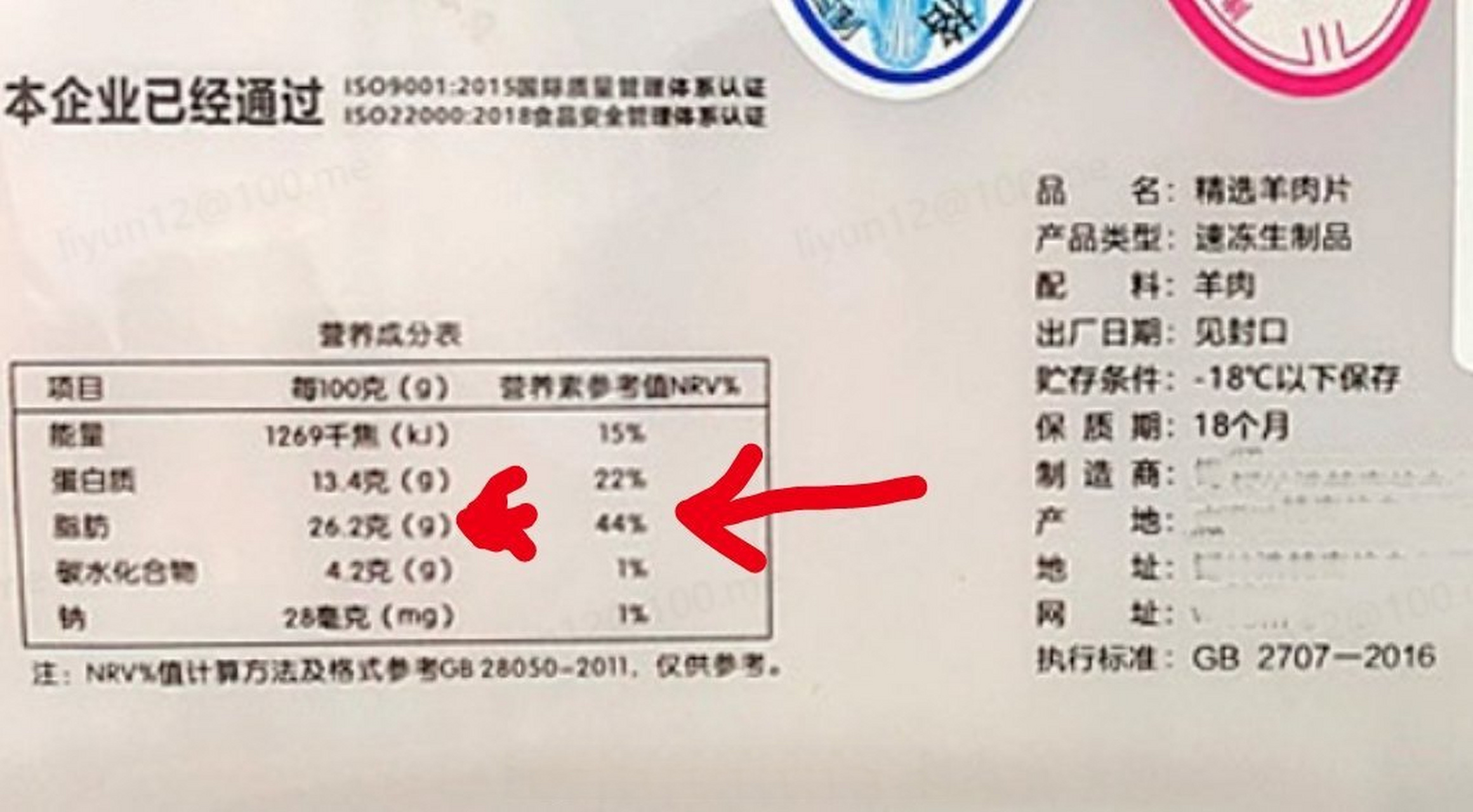 羊肉营养成分表100克图片