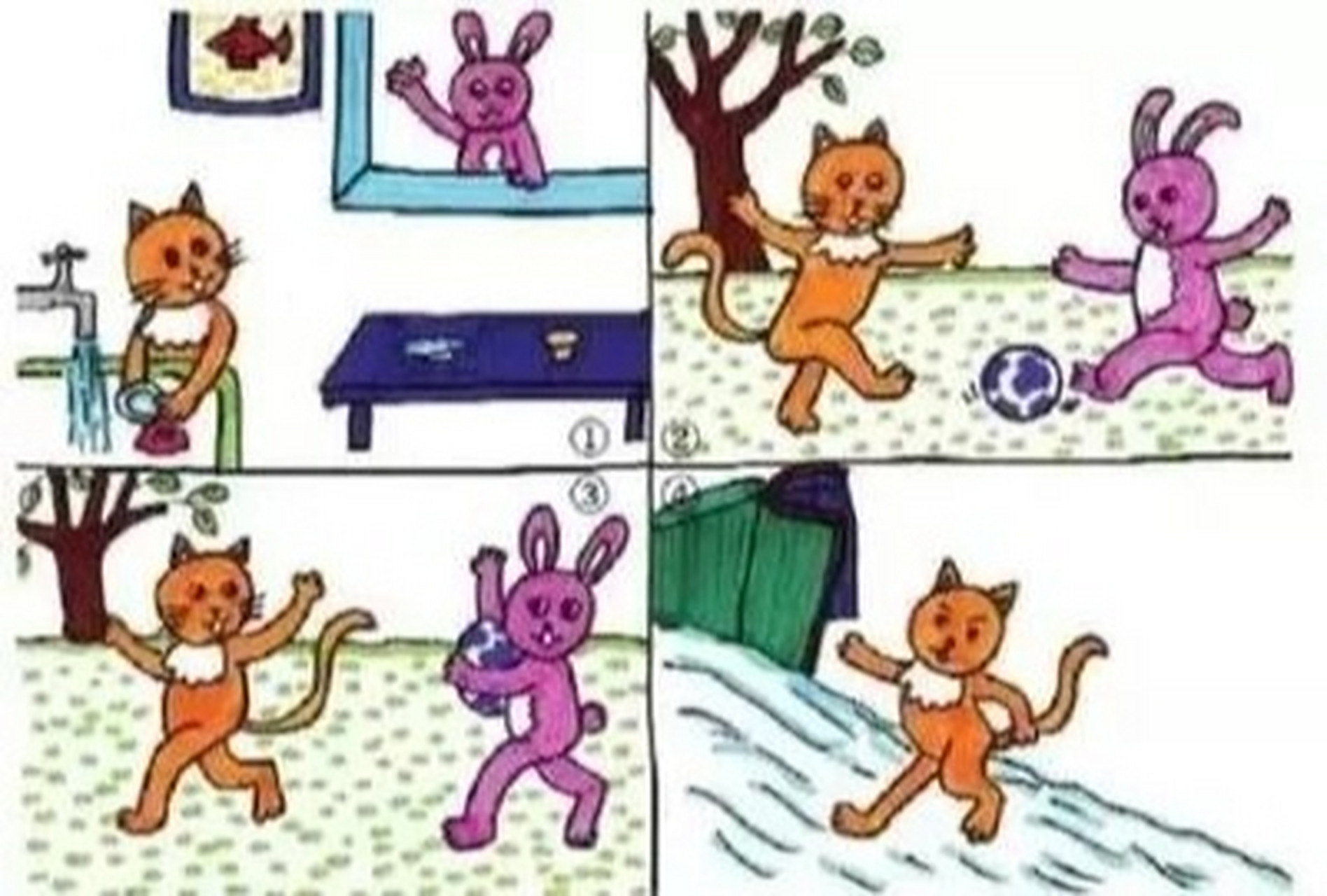 看图写话 粗心的小猫 一天,小猫在家里洗碗,她一会左刷刷,一会右刷刷