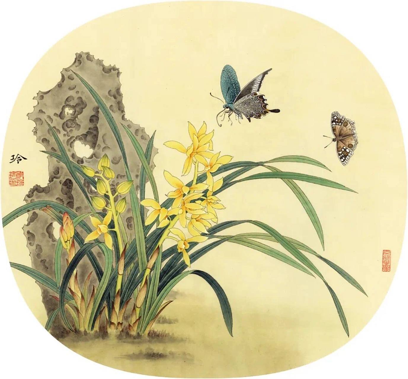 郑玲玲工笔画《兰花双蝶》绘制步骤 第一步: 勾线,注意线条变化和浓墨