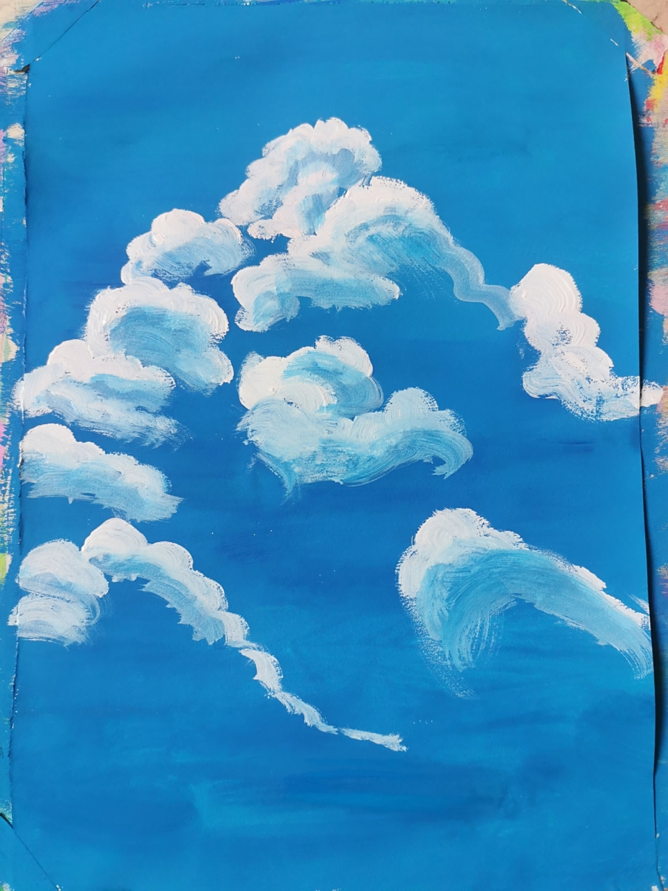 梦幻蓝色风景水粉画步骤图 白云注意先用干画笔画出白云 再用干净的