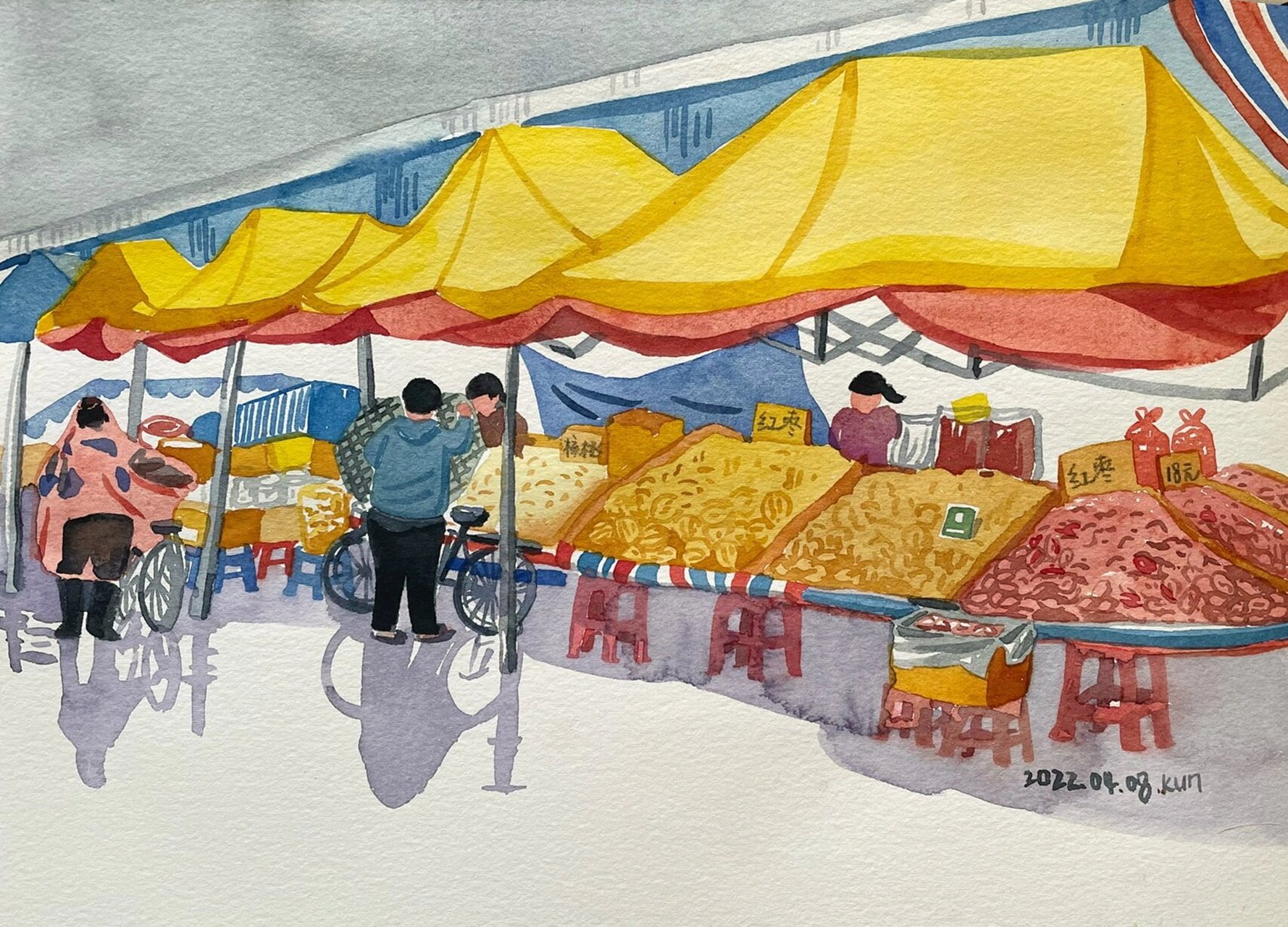 城市写生|最近画的菜市场系列,你今天买菜了吗.