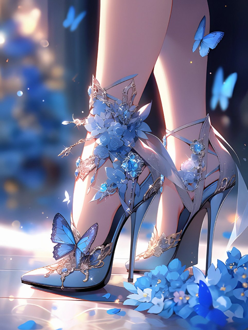 蓝色蝴蝶高跟鞋仿佛是从童话中飞来的一双魔法之鞋,展现出独特的优雅