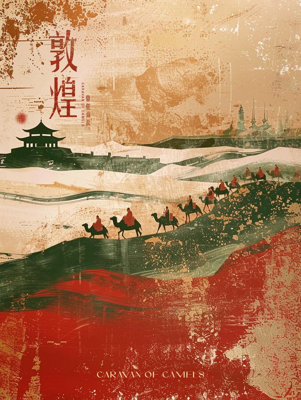 敦煌驼铃·沙漠商队 在沙漠中,敦煌的商队穿梭往来,骆驼载着沉甸甸的