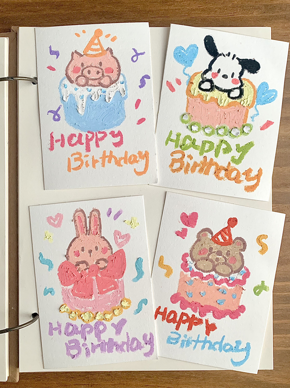 油画棒|手绘生日贺卡|动物蛋糕系列 这组生日贺卡我敢说小白都能画好