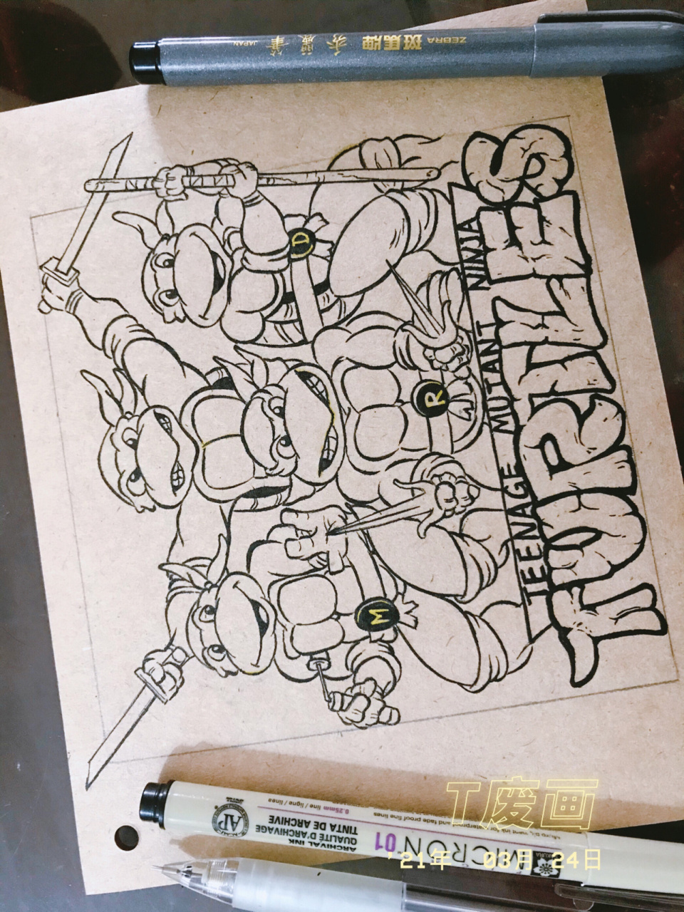 针管笔黑白画卡通动漫手绘忍者神龟童年回忆 不知道现在小朋友的童年