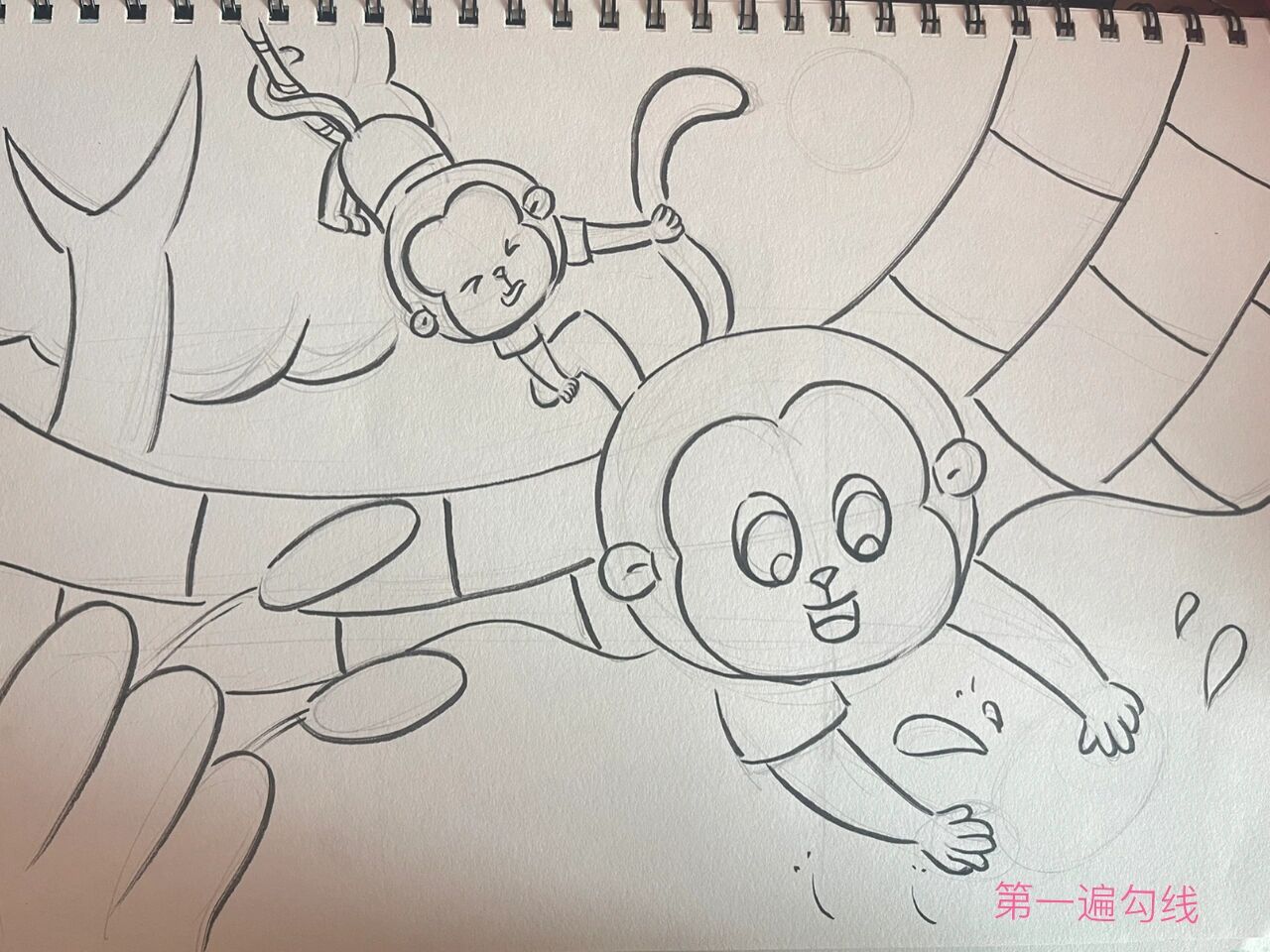 猴子捞月亮儿童画线稿