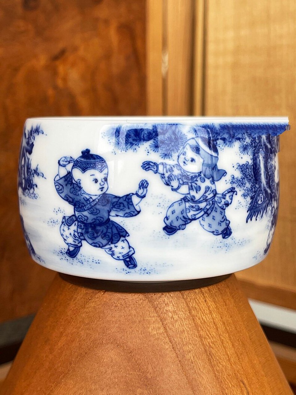 妙手九段 青花婴戏五童子武术禅定杯 景德镇 九段烧 妙手九段款 青花