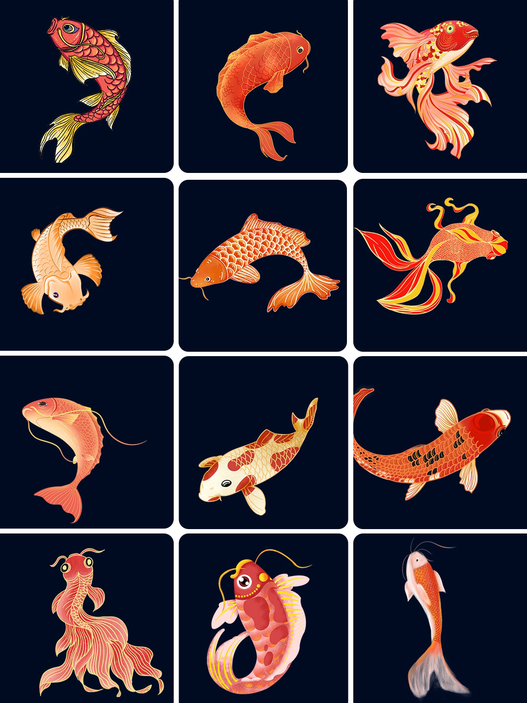 一组手绘烫金国潮中国风卡通锦鲤鱼金鱼插画装饰元素psd/ai设计素材