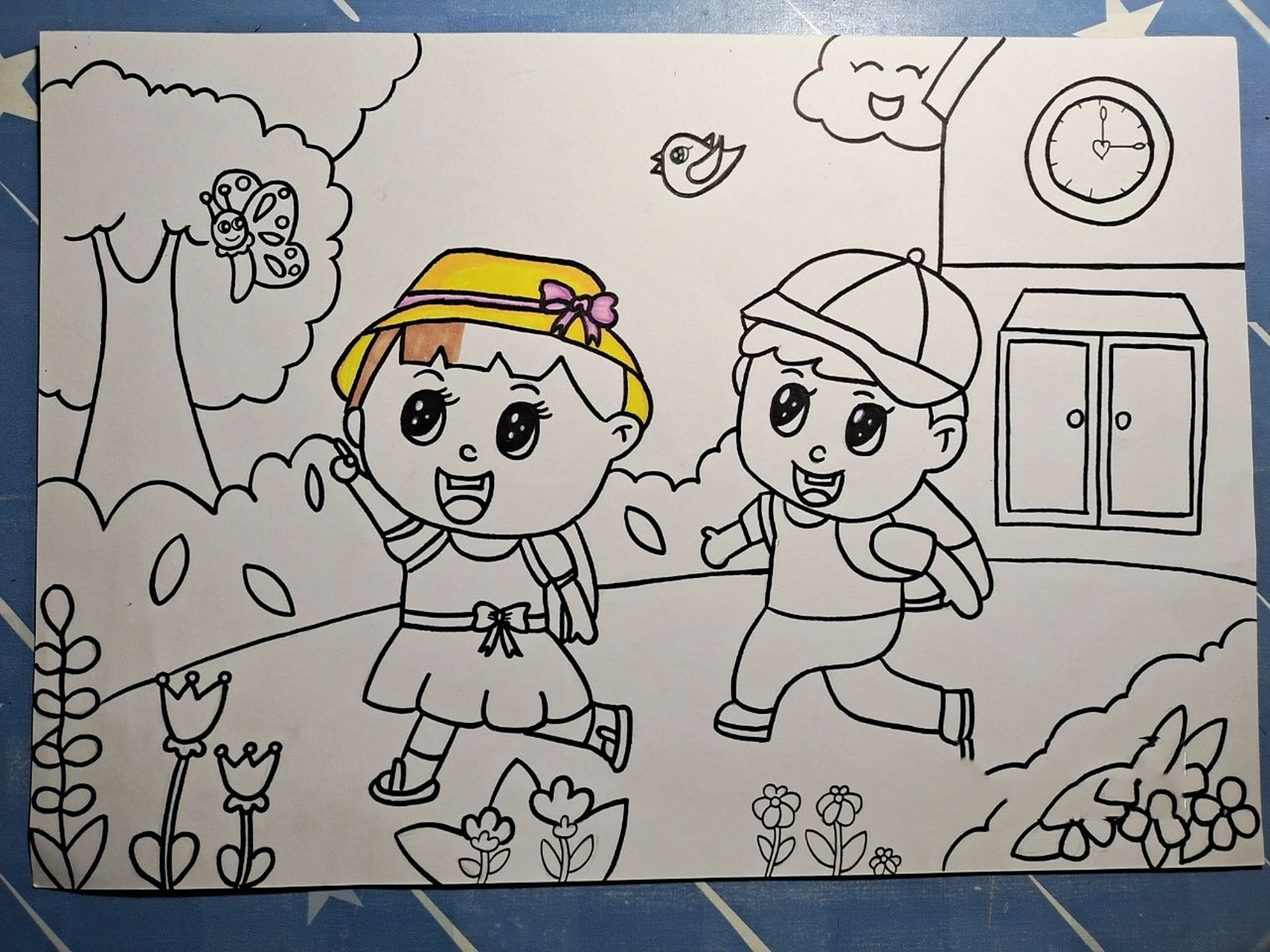 上学歌儿歌,上学去主题简笔画 涂色到一半想起来拍线稿 非原创,临摹有