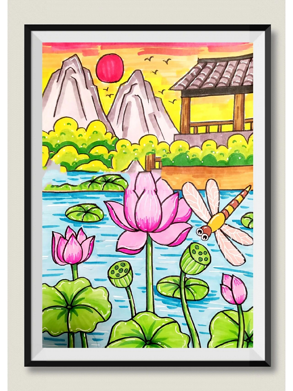 创意风景插画 池塘月色 7415原创荷花插画