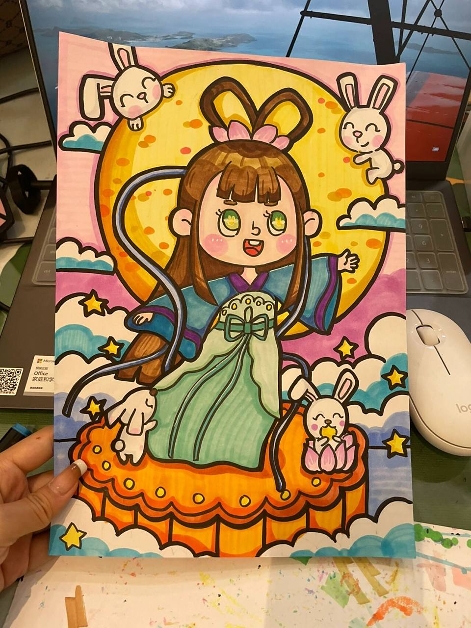 中秋节 主题画,嫦娥 和玉兔