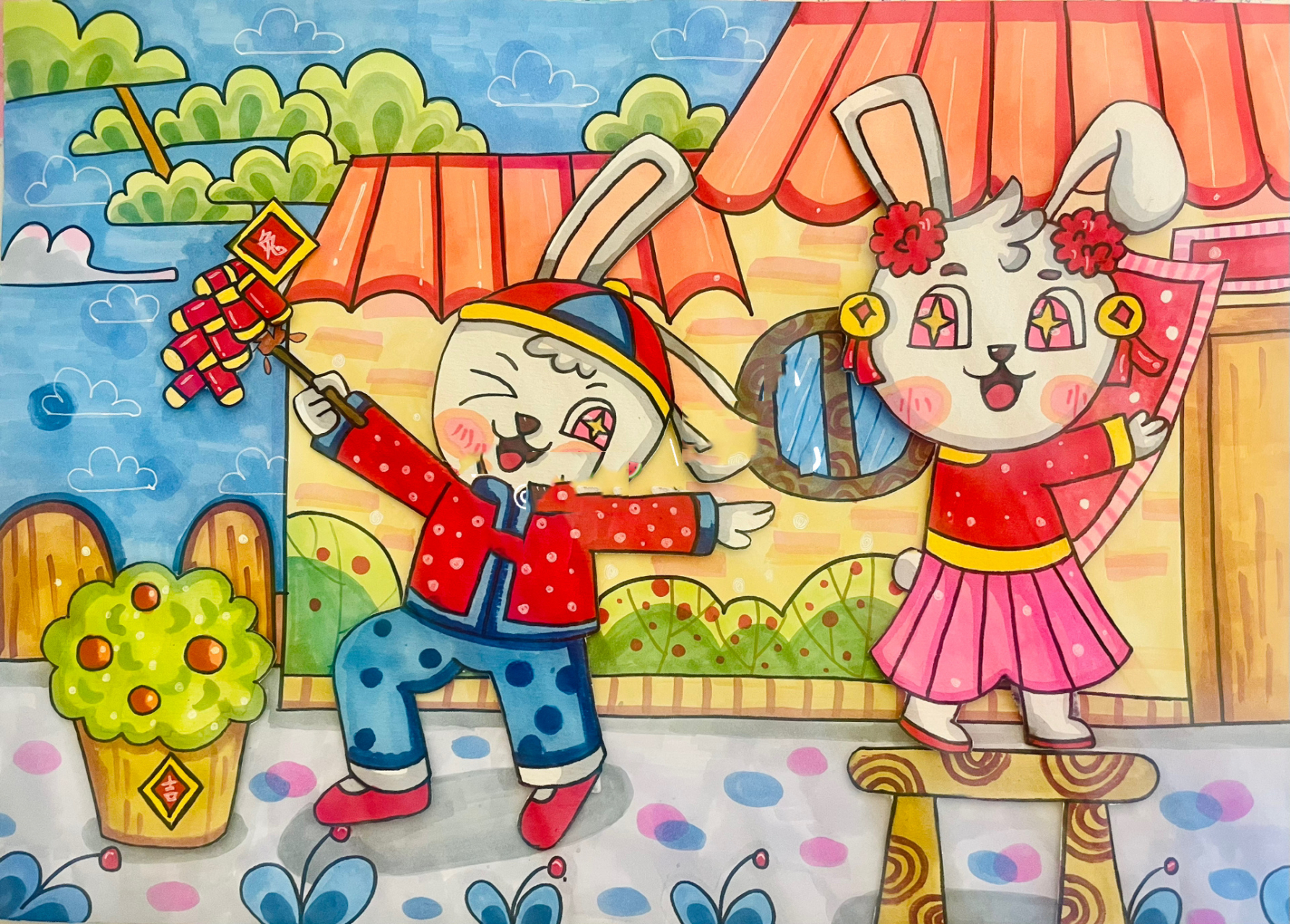 8k马克笔手绘77作业代画 兔年主题绘画,作业代画