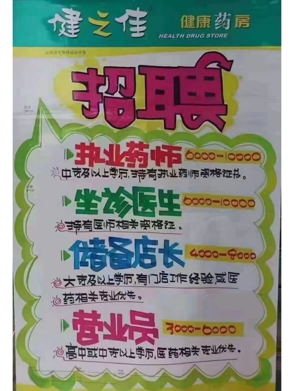 诚招:执业药师,营业员数名 一心堂,健之佳期待您的加入959595