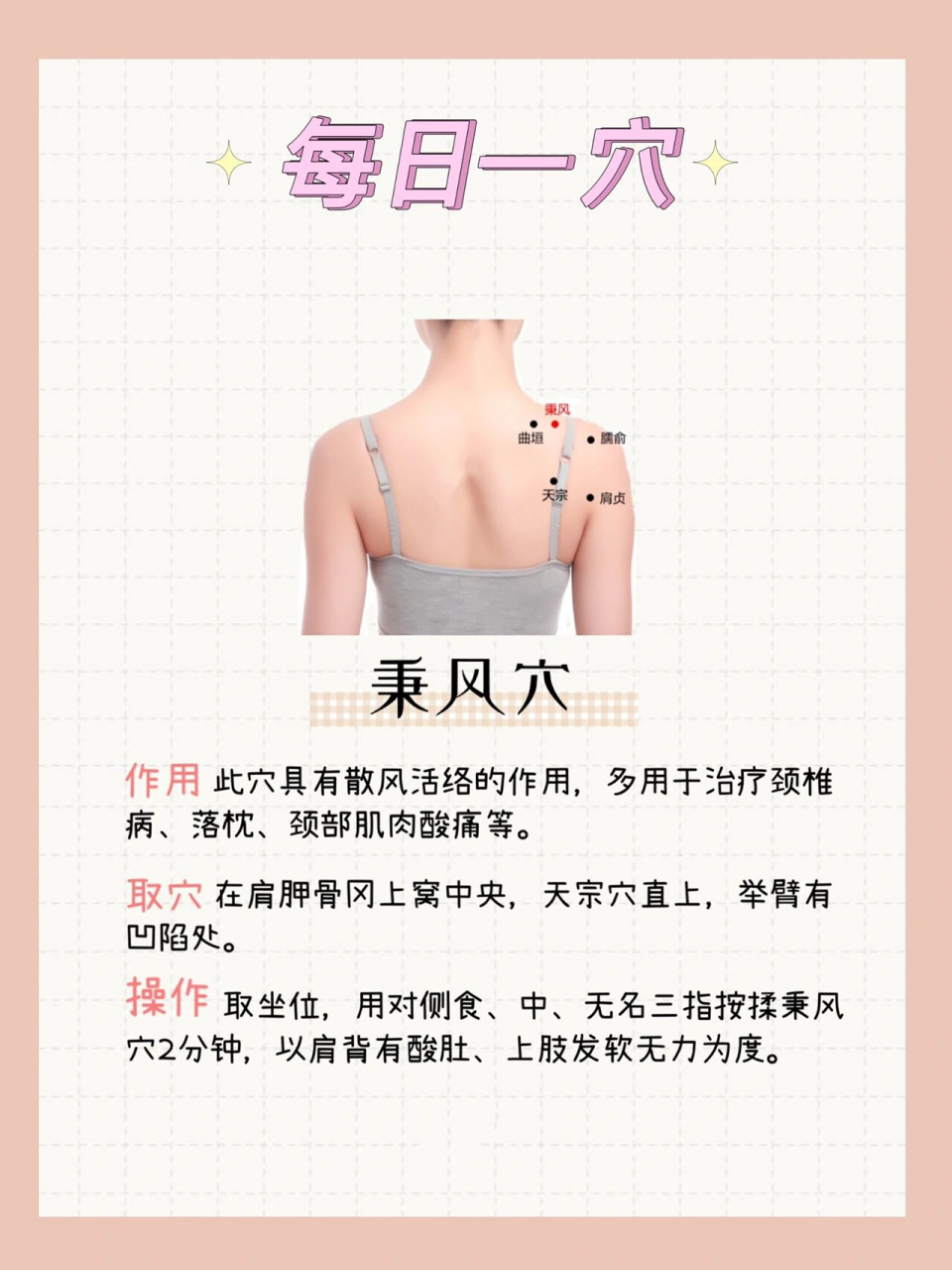 每日一穴|秉风穴 放松颈部肌肉 作用:此穴具有散风活络的作用,多用于