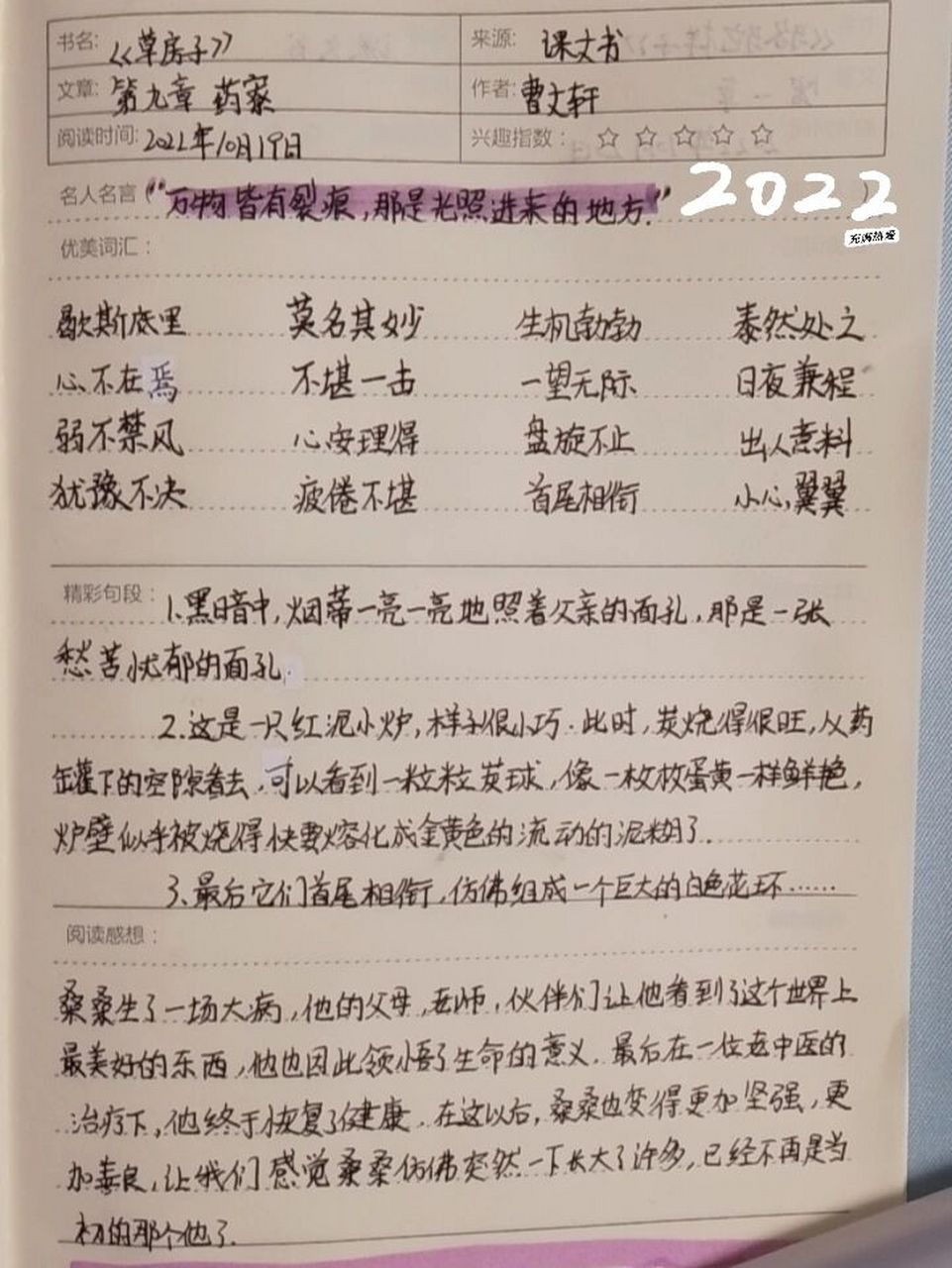 草房子读书笔记九章 药寮 《草房子》已完结