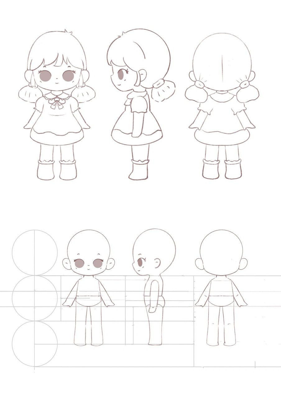 q版人物三视图|内附线稿步骤 人物练习,q版三视图