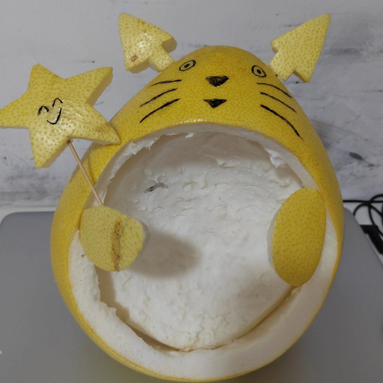 花式剥柚子 挑战花式剥柚子之——龙猫 刚画好嘴和脸:好丑 全部拼凑好