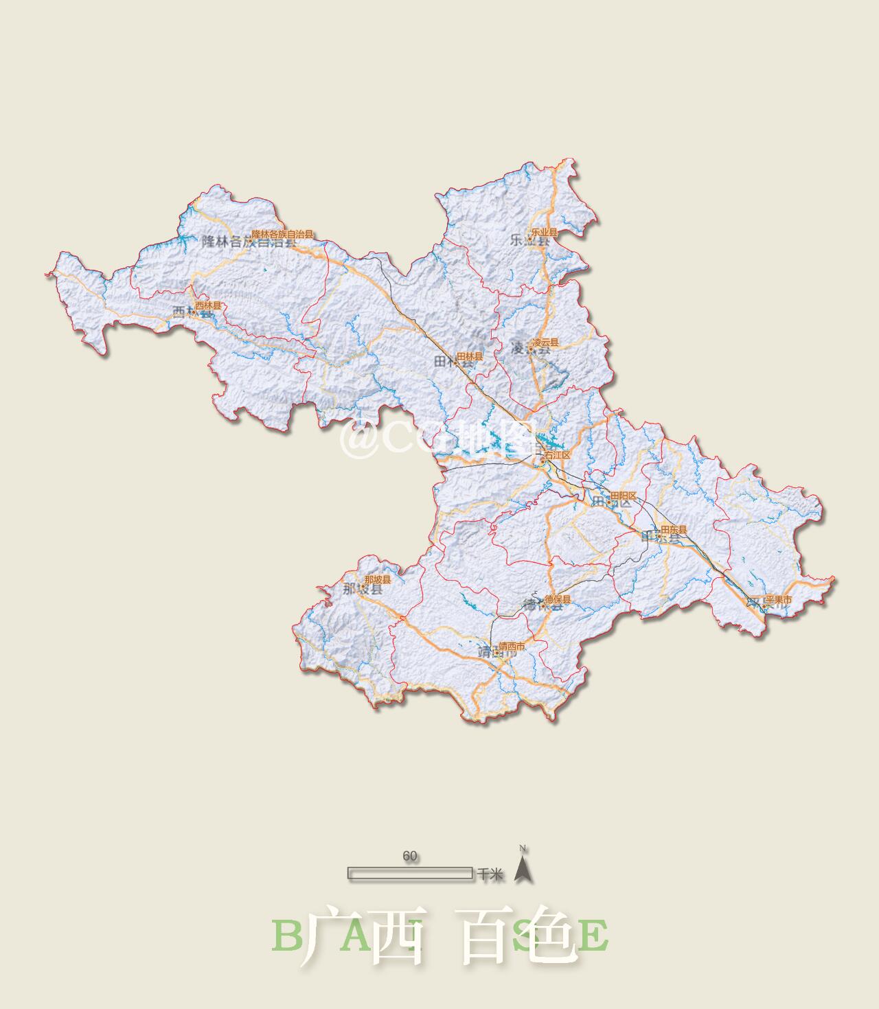 广西 百色市 3d渲染山脉地形地图