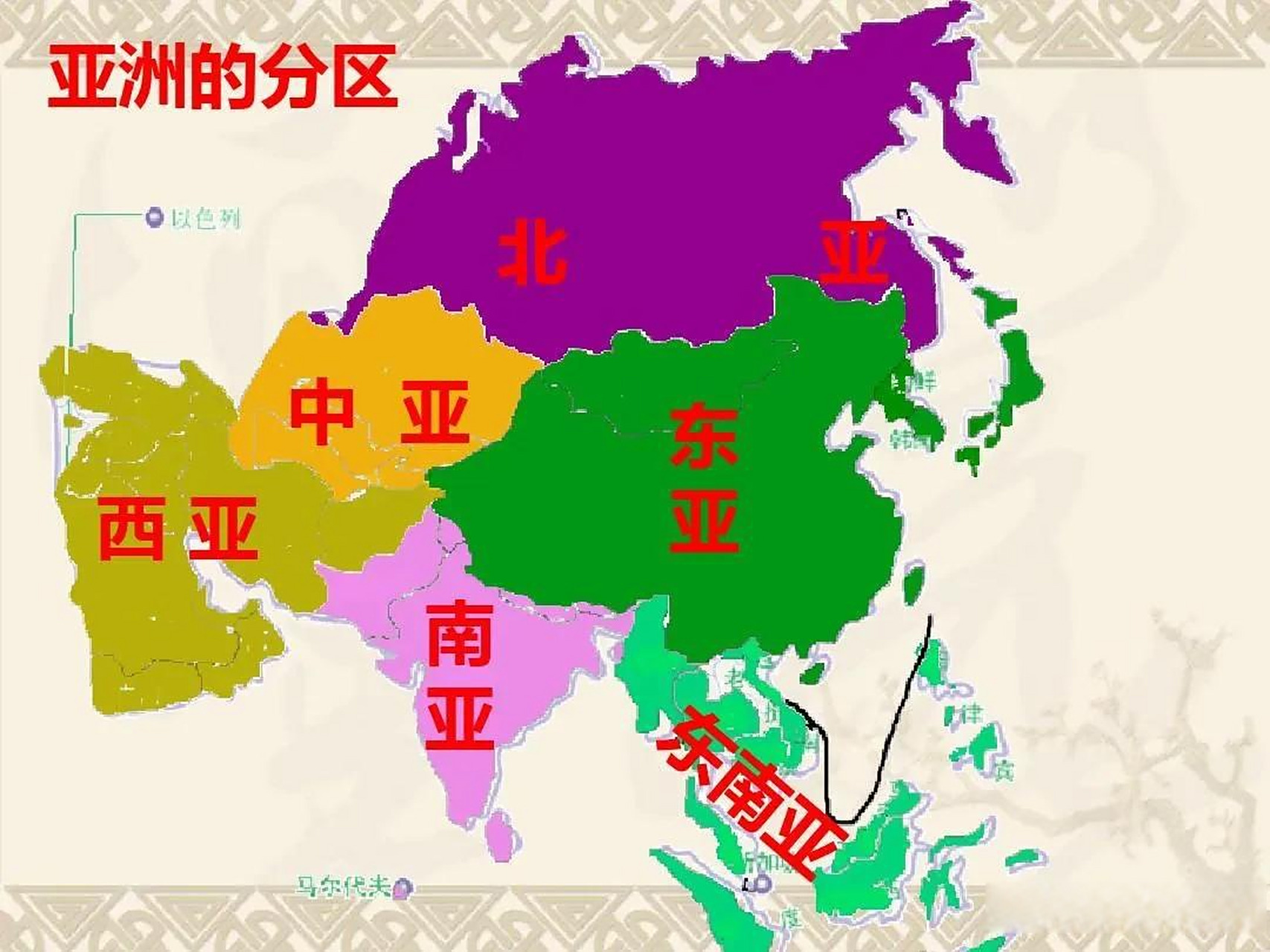 位置:位于东半球的东北部,东,北,南三面分别濒临太平洋,北冰洋和印度