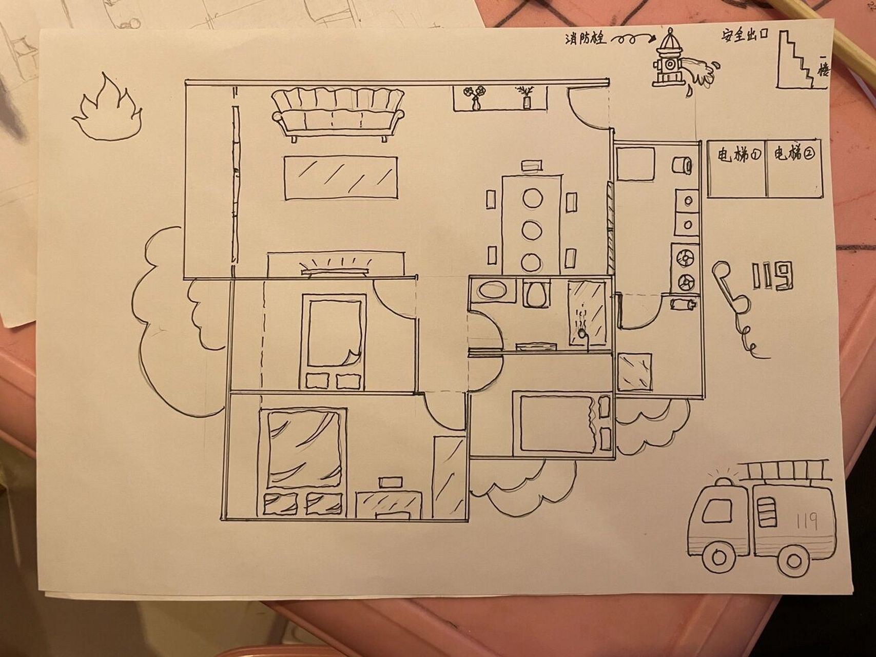 家庭消防逃生路线图 幼儿园