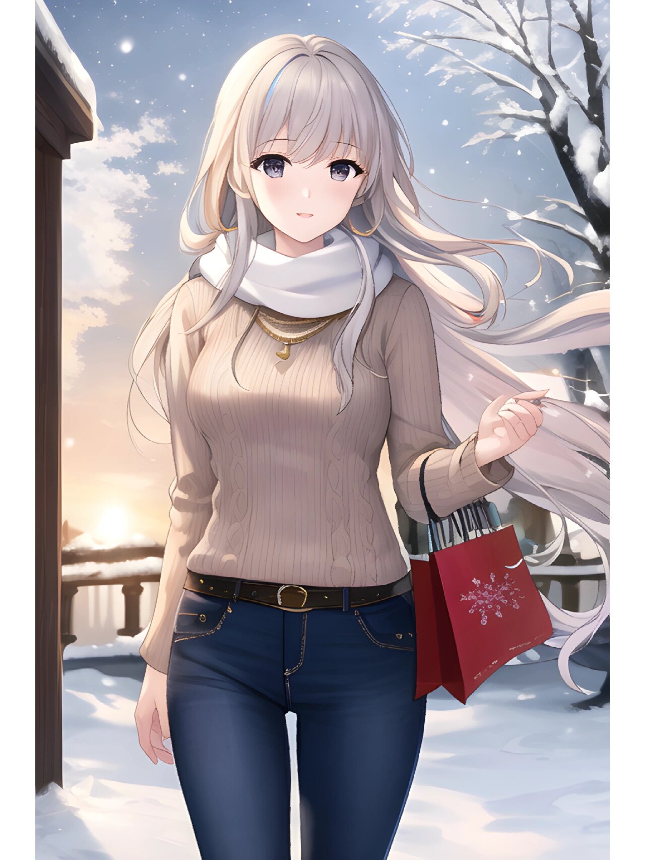 动漫二次元绘画人物,冬季毛衣外套女