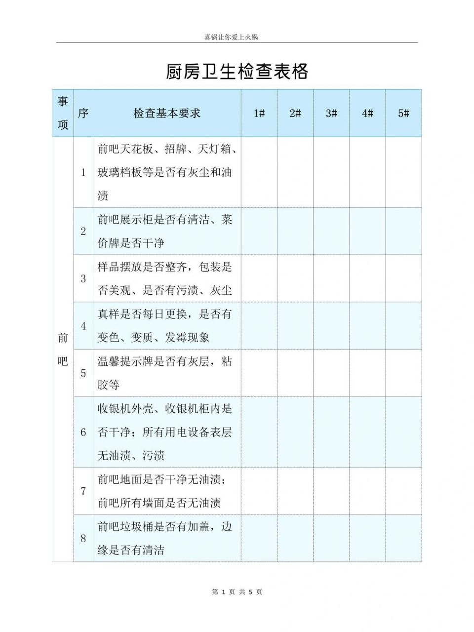 廚房衛生檢查表格 火鍋店的後廚的衛生檢查是非常重要的,如果連這一項