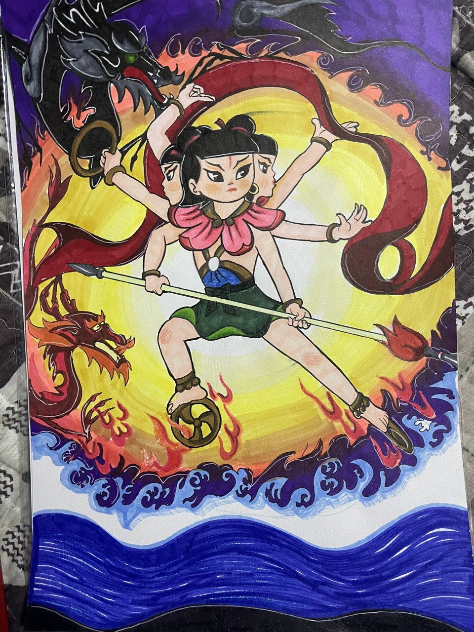 今天一画 三头六臂小哪吒