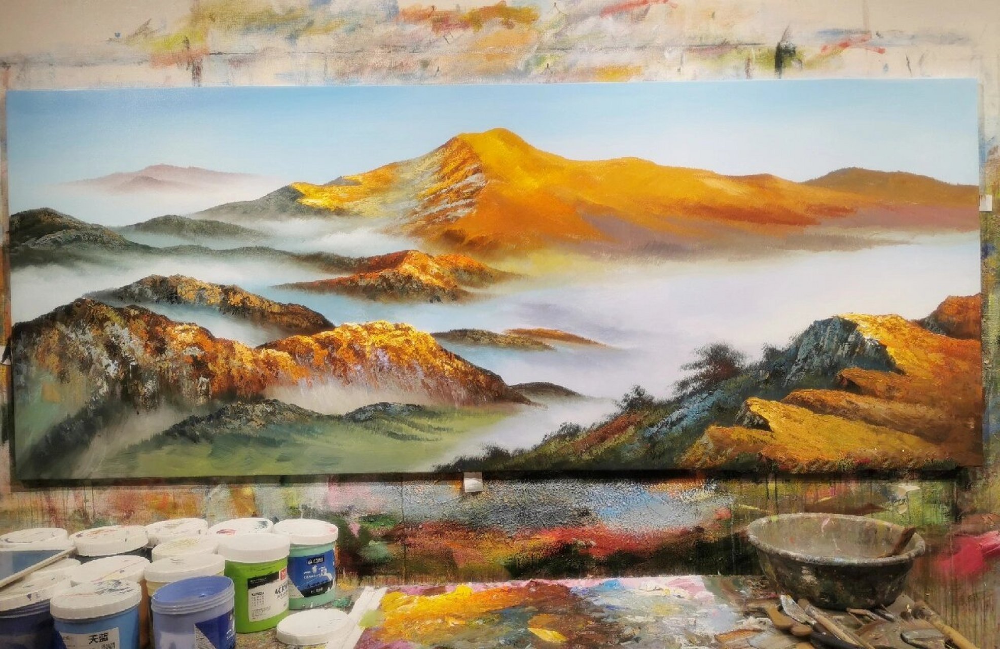 《靠山图》,日照金山风水画 纯手绘 尺寸:90x230cm 材质: 布面丙烯 客