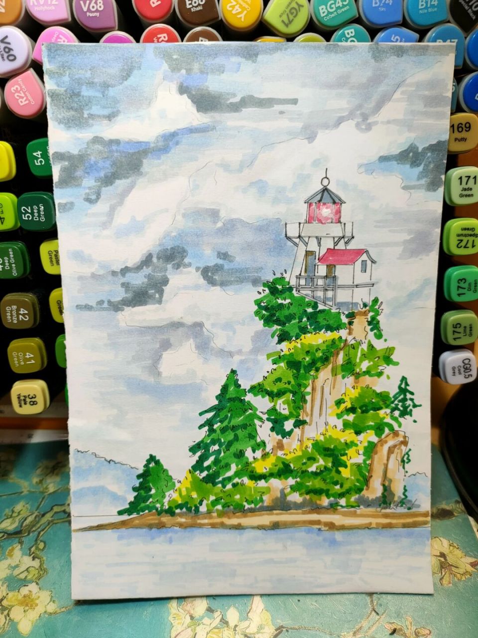 色稿 马克笔风景画《灯塔》色稿#马克笔手绘# #风景画# #马克笔画