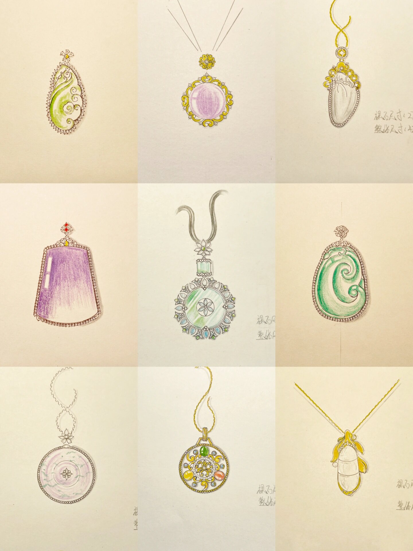 珠宝设计镶嵌|一组翡翠吊坠手绘图