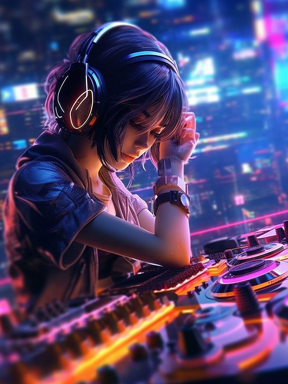 动漫女孩99 完整关键词 俱乐部的dj甲板霓虹灯上的感性热dj动漫女孩