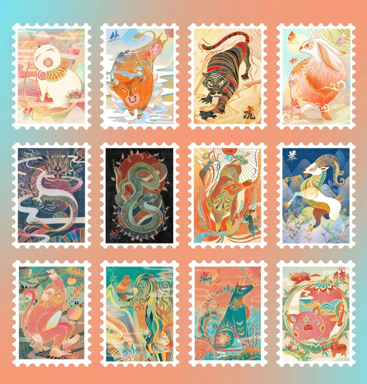 百绘国潮插画十二生肖邮票系列 用了大半年磨磨蹭蹭的画完了,主要工具