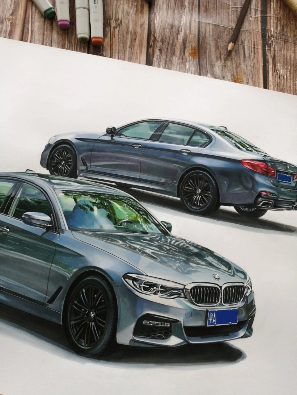 马克笔汽车手绘*新年第一幅,bmw530i 阳康后的第一幅,年底腊月二十八