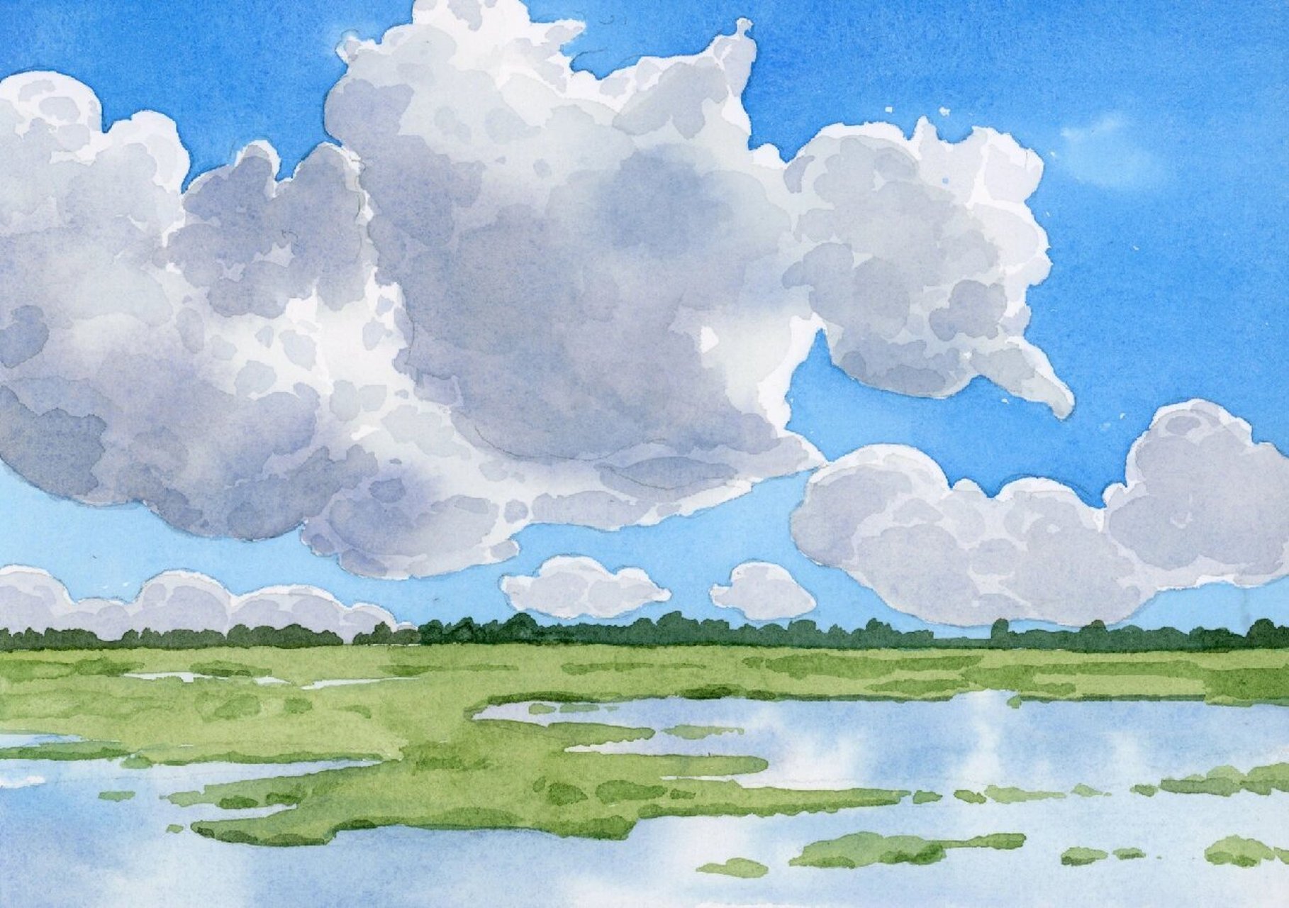 水彩风景,蓝天白云绿草地